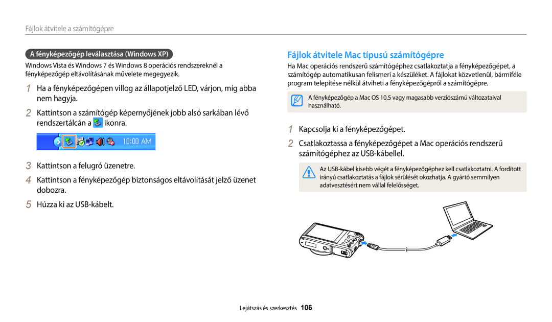 Samsung EC-WB352FBDWE3 manual Fájlok átvitele Mac típusú számítógépre, Fényképezőgép leválasztása Windows XP, Használható 