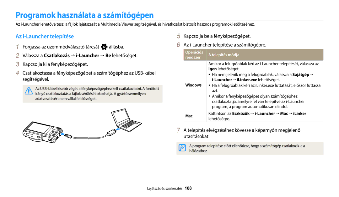 Samsung EC-WB50FZBPWE3, EC-WB50FZBPBE3 Programok használata a számítógépen, Az i-Launcher telepítése, Operációs, Rendszer 