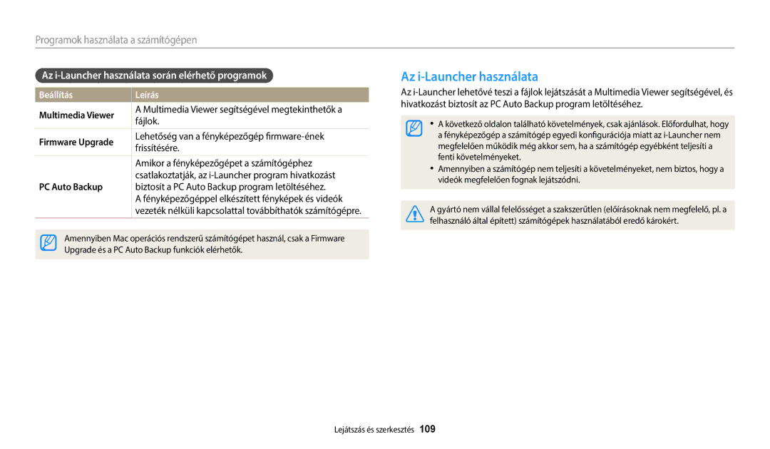 Samsung EC-WB50FZBPBE3 manual Az i-Launcher használata során elérhető programok, Multimedia Viewer, Firmware Upgrade 