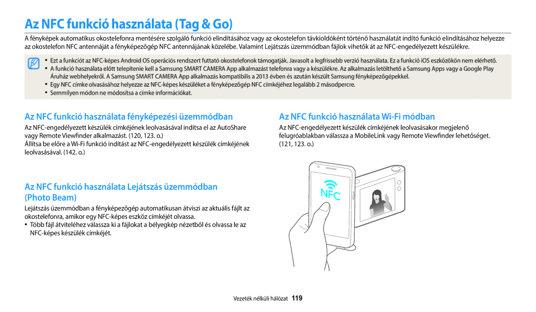 Samsung EC-WB50FZBPWE3 manual Az NFC funkció használata Tag & Go, Az NFC funkció használata fényképezési üzemmódban 