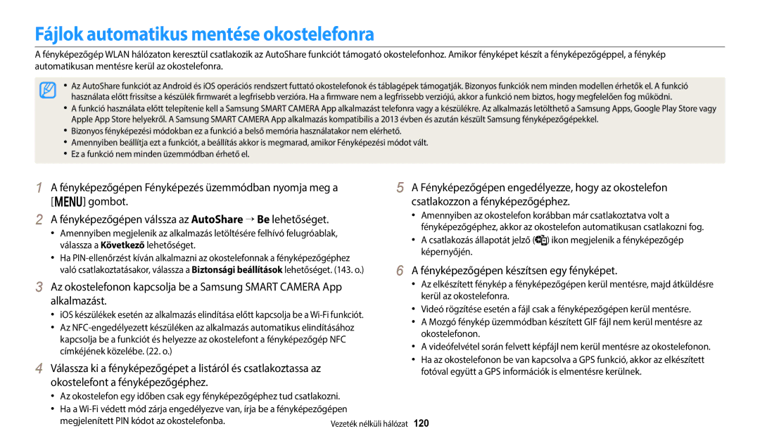 Samsung EC-WB50FZBPBE3 manual Fájlok automatikus mentése okostelefonra, Fényképezőgépen készítsen egy fényképet, 120 