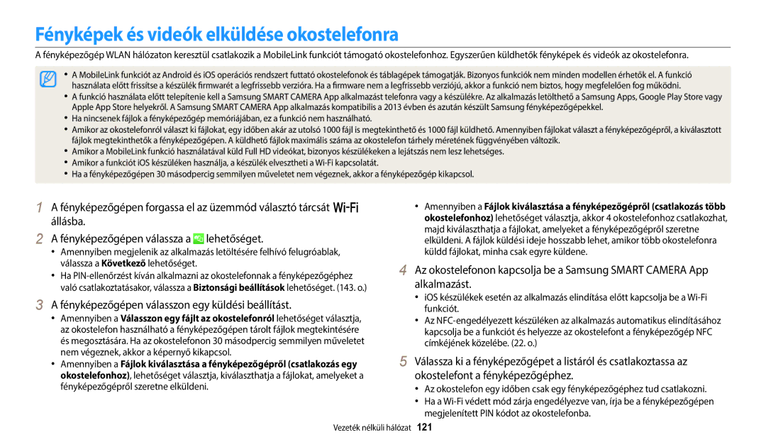 Samsung EC-WB350FBPNE3 Fényképek és videók elküldése okostelefonra, Fényképezőgépen válasszon egy küldési beállítást, 121 