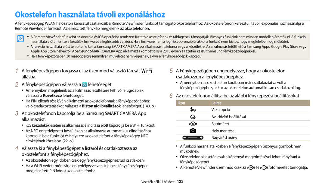 Samsung EC-WB350FBPRE3 manual Okostelefon használata távoli exponáláshoz, Vaku opció, Az időzítő beállításai, Fotóméret 