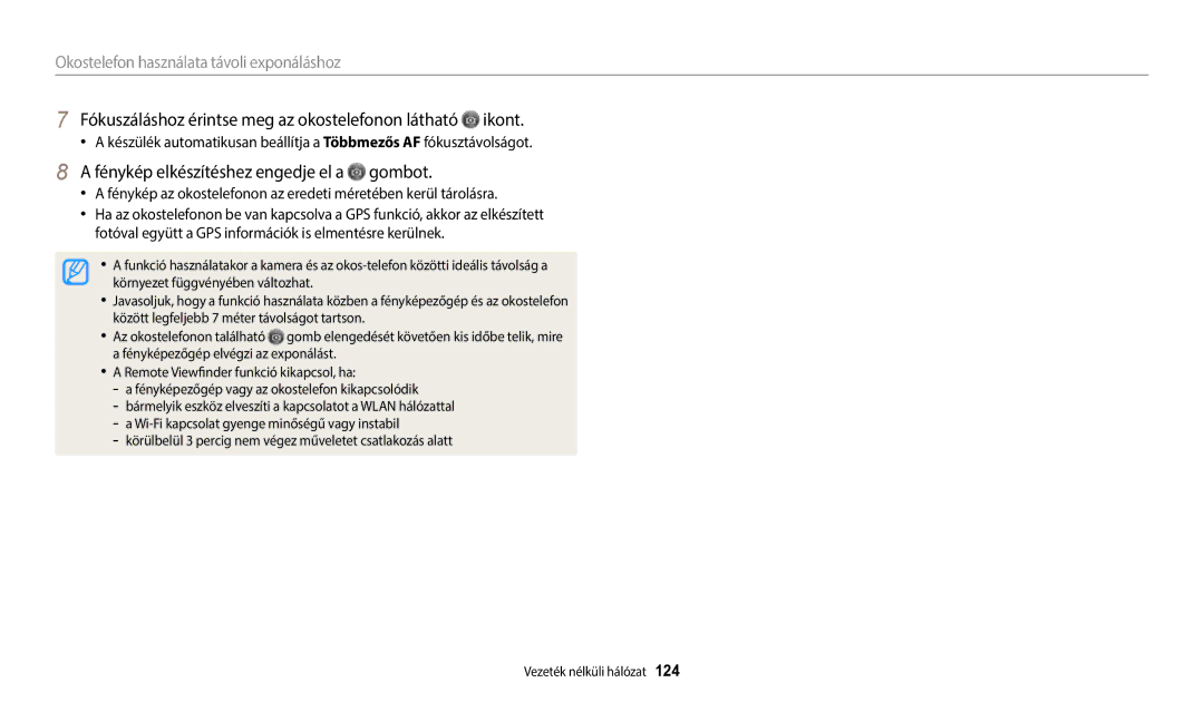 Samsung EC-WB350FBPWE3, EC-WB50FZBPBE3, EC-WB350FBPNE3 manual Fókuszáláshoz érintse meg az okostelefonon látható ikont 