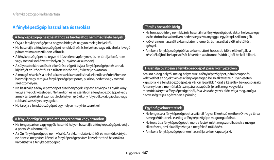 Samsung EC-WB352FBDBE3 manual Fényképezőgép használata és tárolása, Fényképezőgép használata tengerparton vagy strandon 