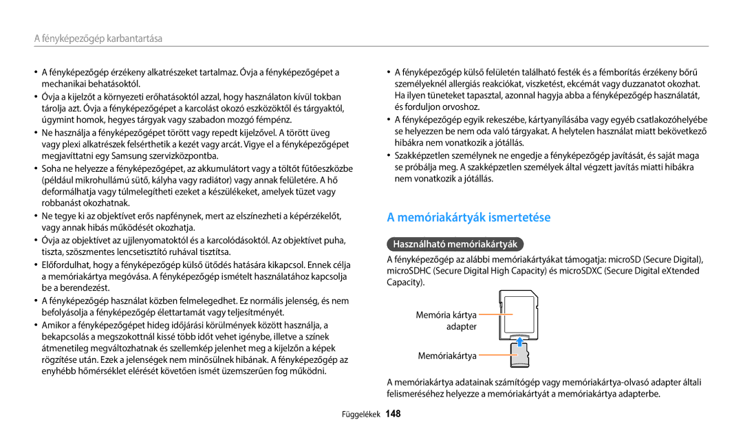 Samsung EC-WB350FBPUE3, EC-WB50FZBPBE3 manual Memóriakártyák ismertetése, Használható memóriakártyák, Memóriakártya 