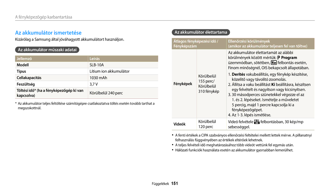 Samsung EC-WB352FBDRE3 manual Az akkumulátor ismertetése, Az akkumulátor műszaki adatai, Az akkumulátor élettartama 