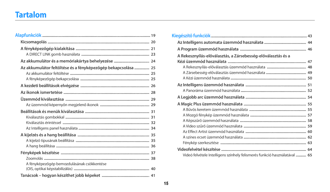 Samsung EC-WB352FBDBE3, EC-WB50FZBPBE3, EC-WB350FBPNE3, EC-WB350FBPBE3 manual Tartalom, Az üzemmód képernyőn megjelenő ikonok 