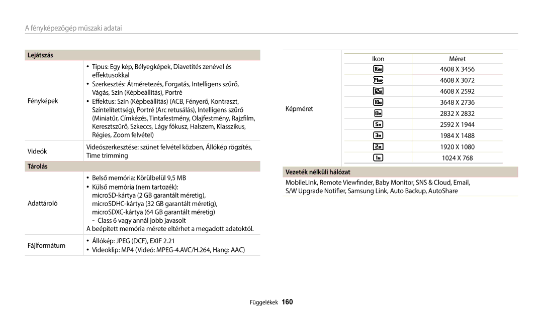 Samsung EC-WB50FZBPRE3, EC-WB50FZBPBE3, EC-WB350FBPNE3, EC-WB350FBPBE3, EC-WB350FBPRE3 manual Tárolás, Vezeték nélküli hálózat 