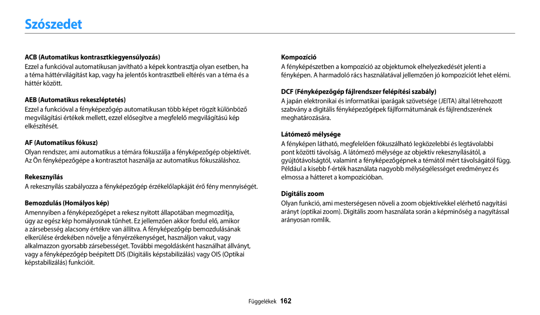 Samsung EC-WB352FBDRE3, EC-WB50FZBPBE3, EC-WB350FBPNE3, EC-WB350FBPBE3, EC-WB350FBPRE3, EC-WB350FBPWE3 manual Szószedet 