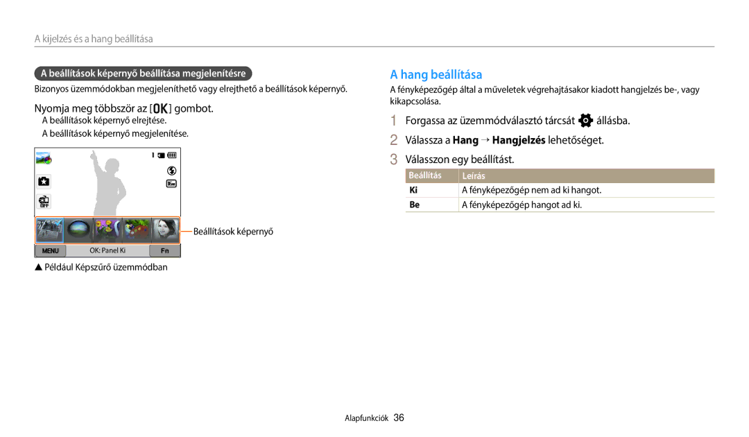 Samsung EC-WB350FBPWE3 Hang beállítása, Nyomja meg többször az o gombot, Beállítások képernyő beállítása megjelenítésre 