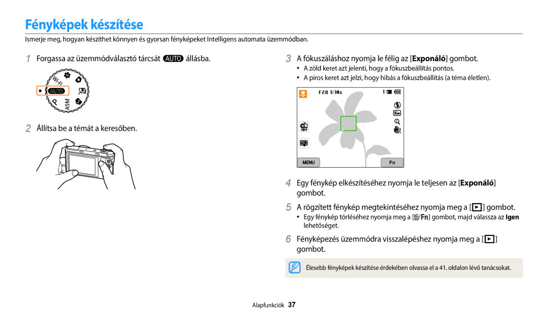 Samsung EC-WB352FBDBE3, EC-WB50FZBPBE3 Fényképek készítése, Fényképezés üzemmódra visszalépéshez nyomja meg a P gombot 