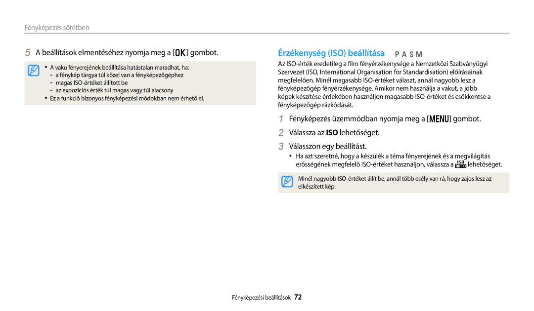 Samsung EC-WB50FZBPRE3, EC-WB50FZBPBE3 Érzékenység ISO beállítása p a h M, Beállítások elmentéséhez nyomja meg a o gombot 