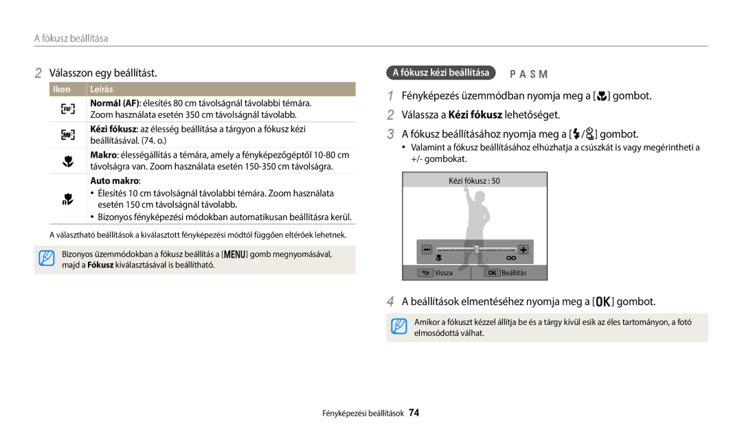 Samsung EC-WB352FBDRE3 manual Auto makro, Majd a Fókusz kiválasztásával is beállítható, Kézi fókusz, Elmosódottá válhat 