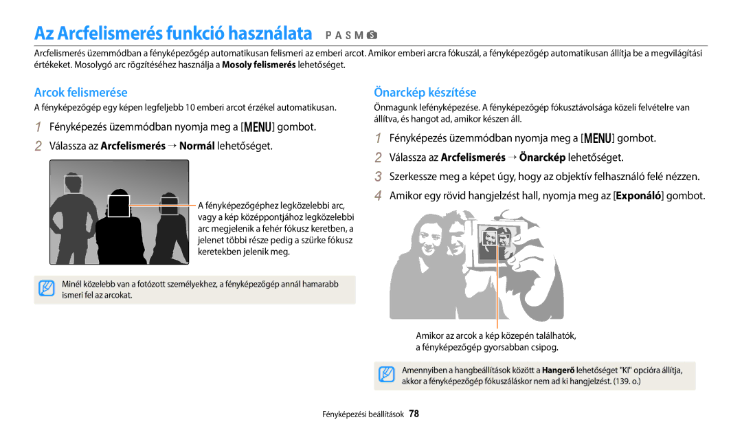 Samsung EC-WB350FBPBE3 manual Az Arcfelismerés funkció használata p a h M s, Arcok felismerése, Önarckép készítése 