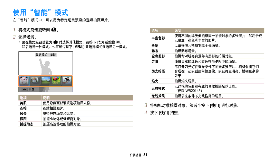 Samsung EC-WB352FBDWE3, EC-WB50FZBPBE3, EC-WB350FBPNE3, EC-WB350FBPBE3, EC-WB350FBPRE3 manual 使用智能模式, 将模式旋钮旋转到 s。 选择场景。 