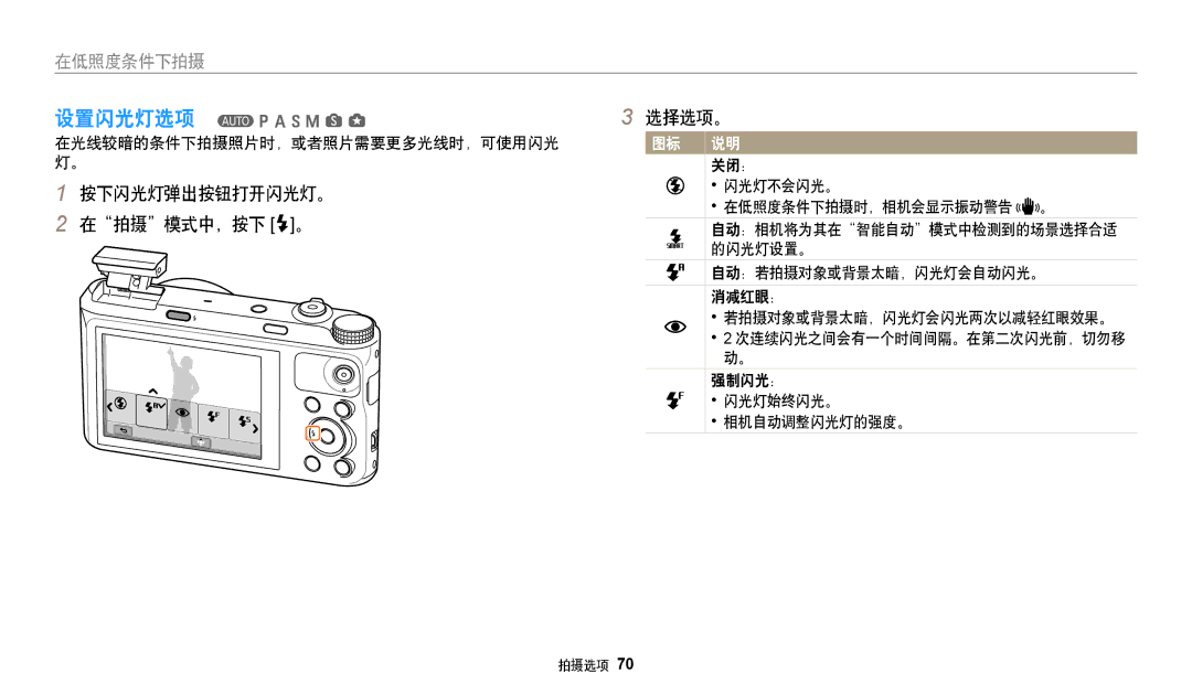 Samsung EC-WB352FBDBE3, EC-WB50FZBPBE3 manual 按下闪光灯弹出按钮打开闪光灯。 在拍摄模式中，按下 F。 选择选项。, 在光线较暗的条件下拍摄照片时，或者照片需要更多光线时，可使用闪光 灯。 