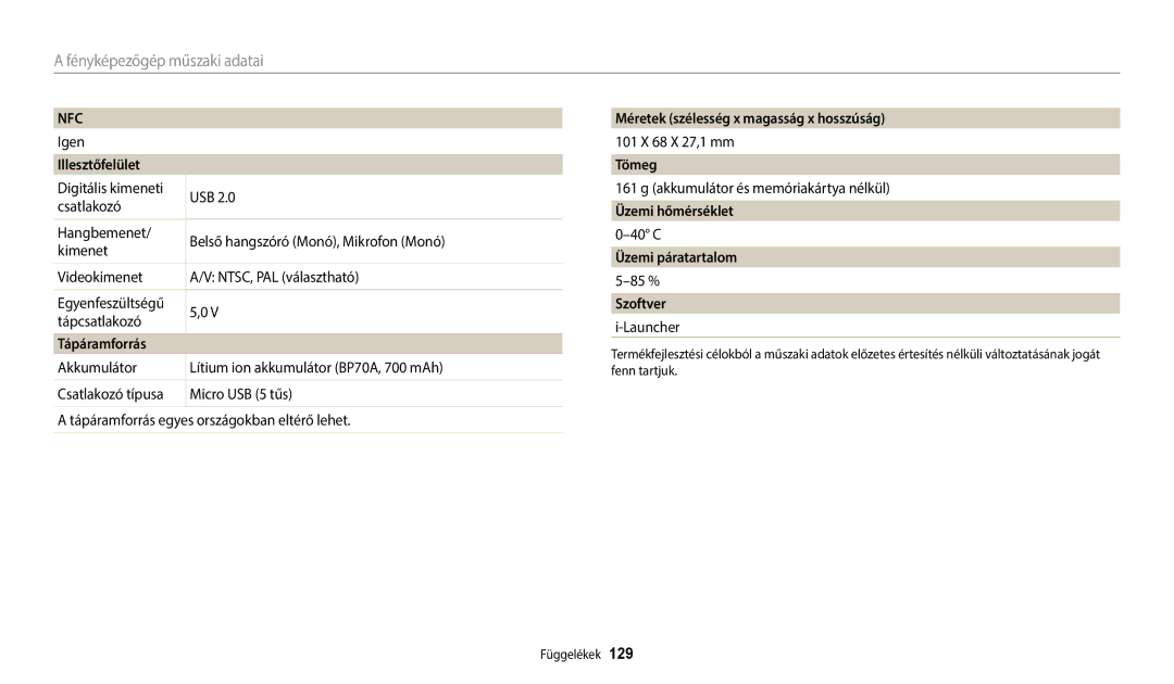 Samsung EC-WB50FZBPRE3 Illesztőfelület, Tápáramforrás, Méretek szélesség x magasság x hosszúság, Tömeg, Üzemi hőmérséklet 