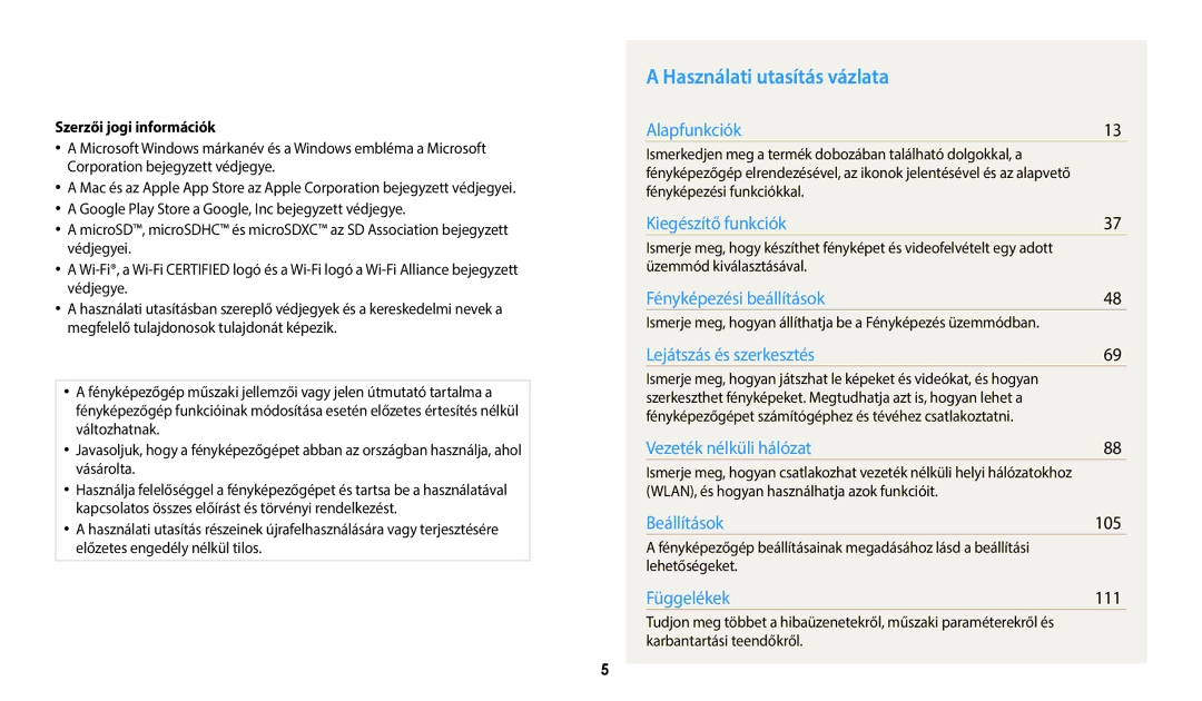 Samsung EC-WB50FZBPBE3, EC-WB50FZBPRE3, EC-WB50FZBPWE3 manual Használati utasítás vázlata, 105, 111, Szerzői jogi információk 