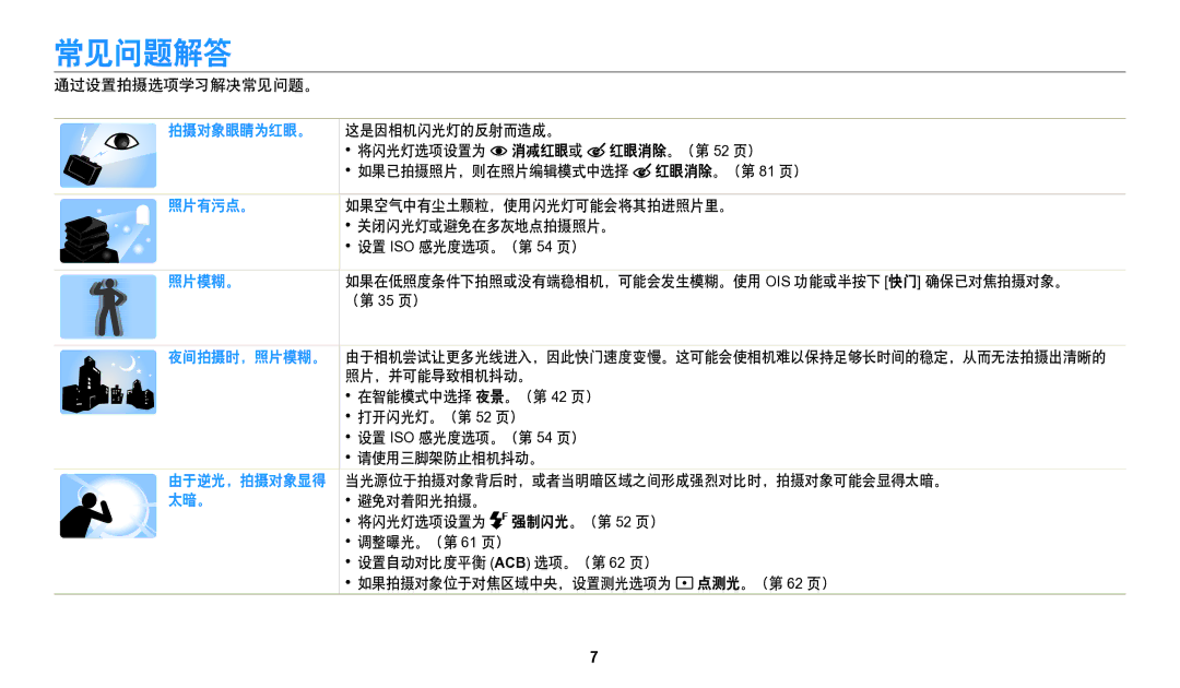 Samsung EC-WB50FZBPWE3 manual 常见问题解答, 通过设置拍摄选项学习解决常见问题。, 如果空气中有尘土颗粒，使用闪光灯可能会将其拍进照片里。, 关闭闪光灯或避免在多灰地点拍摄照片。, （第 35 页） 