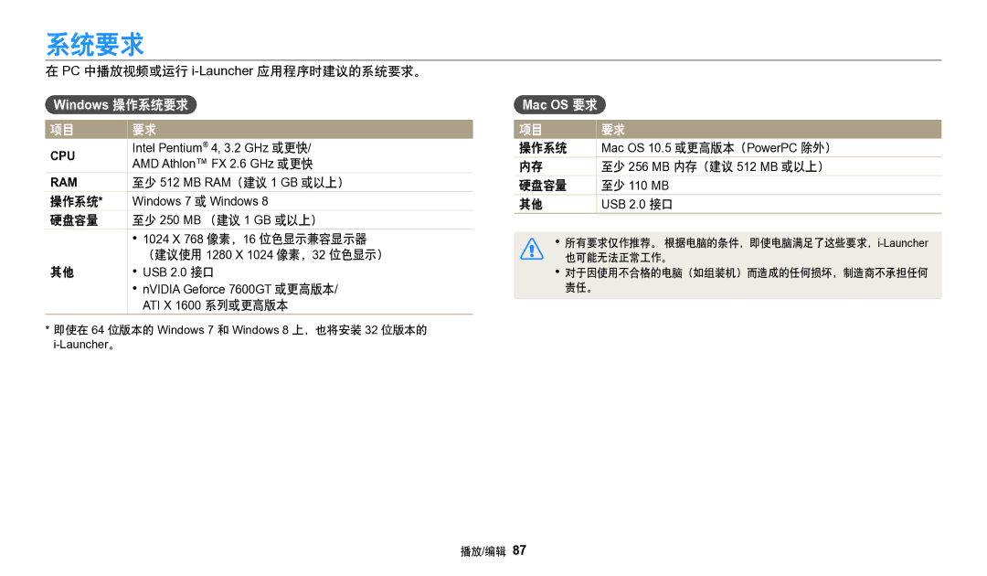 Samsung EC-WB50FZBPRE3, EC-WB50FZBPBE3, EC-WB50FZBPWE3 manual PC 中播放视频或运行 i-Launcher应用程序时建议的系统要求。, 操作系统, 硬盘容量, 位色显示） 