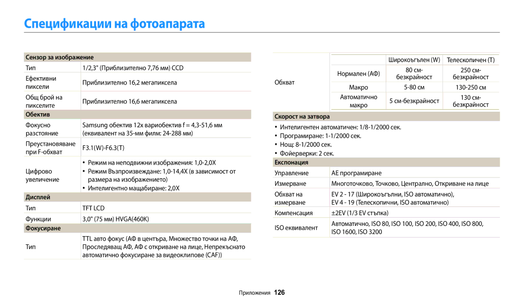 Samsung EC-WB50FZBPBE3 manual Спецификации на фотоапарата 