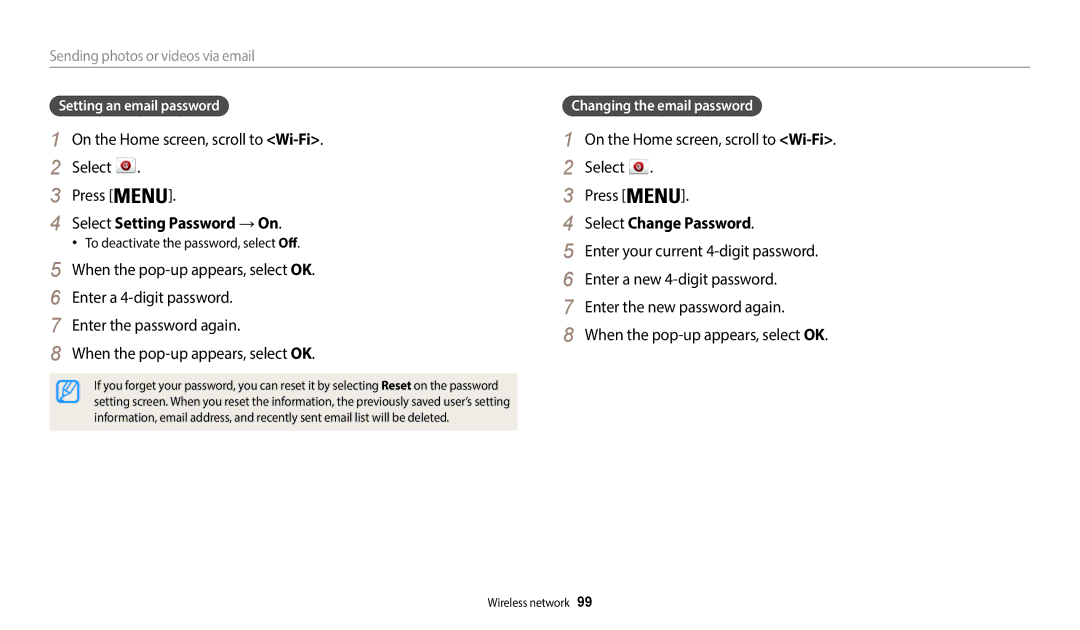 Samsung EC-WB50FZDDRME manual Select Setting Password → On, Select Change Password, Sending photos or videos via email 