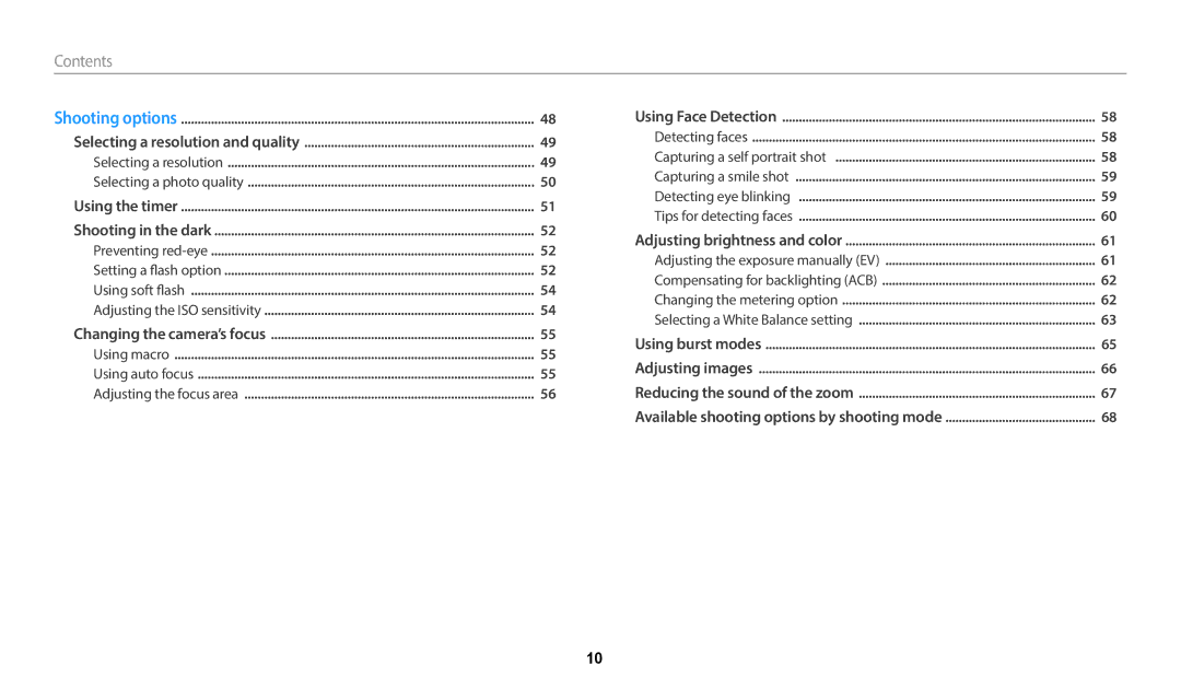 Samsung EC-WB50FZDPWME, EC-WB50FZBPBFR, EC-WB50FZBPWFR, EC-WB50FZBPWE1, EC-WB50FZBPBE1, EC-WB50FZBPRE1 manual Contents﻿ 