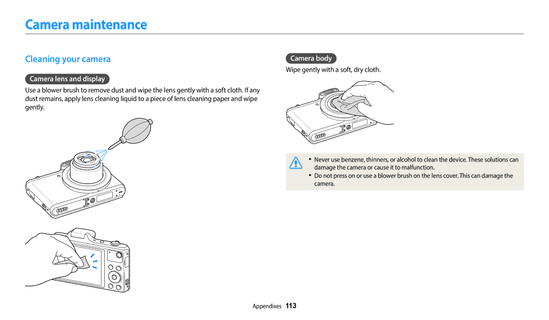 Samsung EC-WB50FZBPRIL, EC-WB50FZBPBFR manual Camera maintenance, Cleaning your camera, Camera lens and display, Camera body 