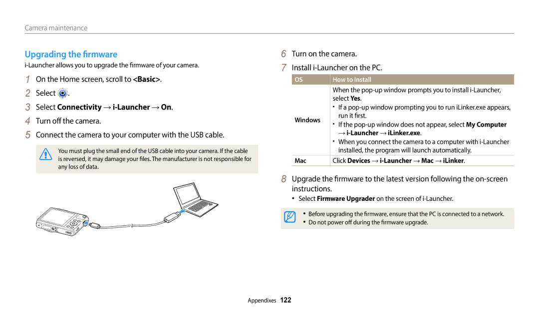 Samsung EC-WB50FZBPRDZ, EC-WB50FZBPBFR, EC-WB50FZBPWFR manual Upgrading the firmware, Select Connectivity → i-Launcher → On 