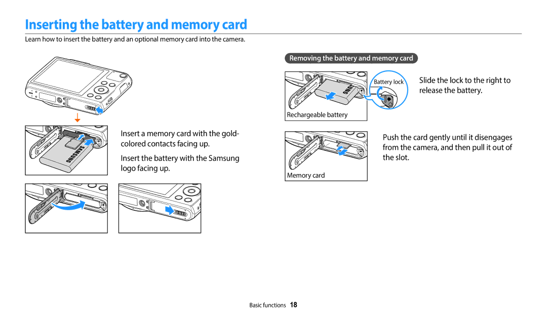 Samsung EC-WB50FZBDRSA manual Inserting the battery and memory card, Release the battery, Slide the lock to the right to 