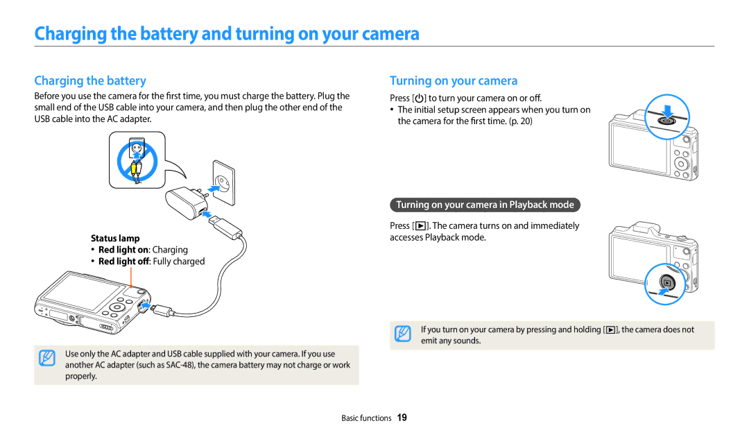 Samsung EC-WB50FZBDWSA, EC-WB50FZBPBFR manual Charging the battery and turning on your camera, Turning on your camera 