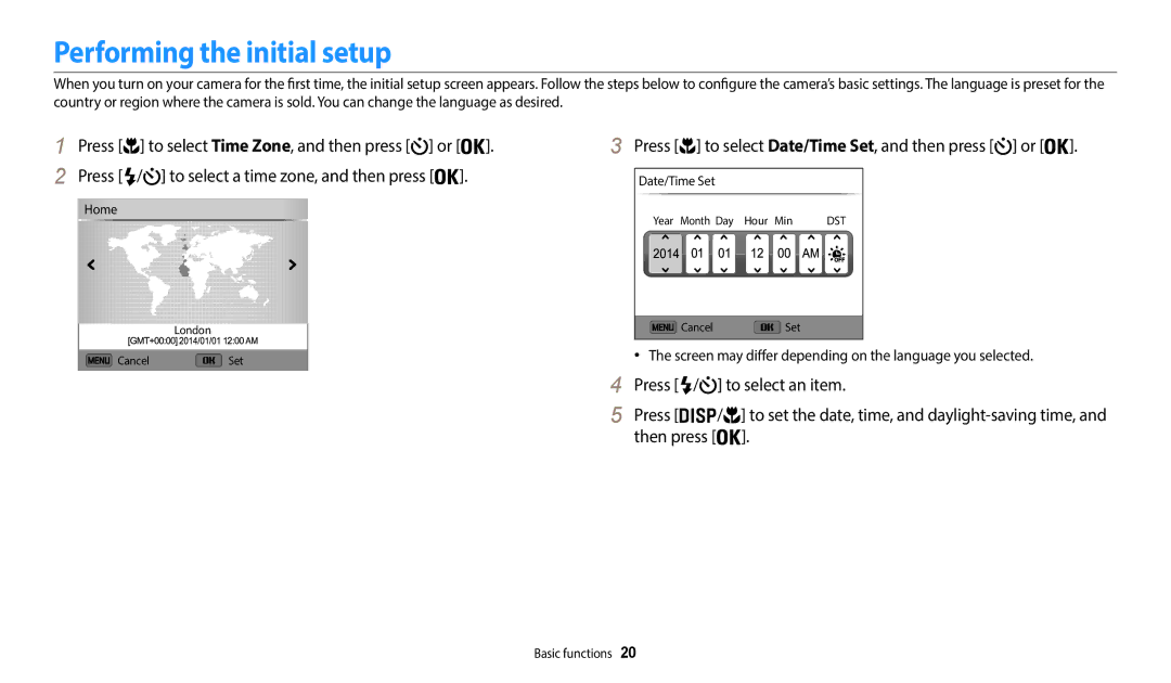 Samsung EC-WB50FZDDWZA, EC-WB50FZBPBFR manual Performing the initial setup, Press to select Date/Time Set, and then press or 