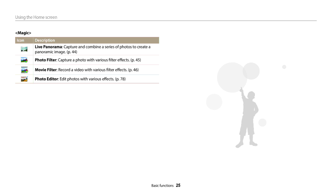 Samsung EC-WB50FZBDBVN manual Magic, Panoramic image. p, Photo Filter Capture a photo with various filter effects. p 