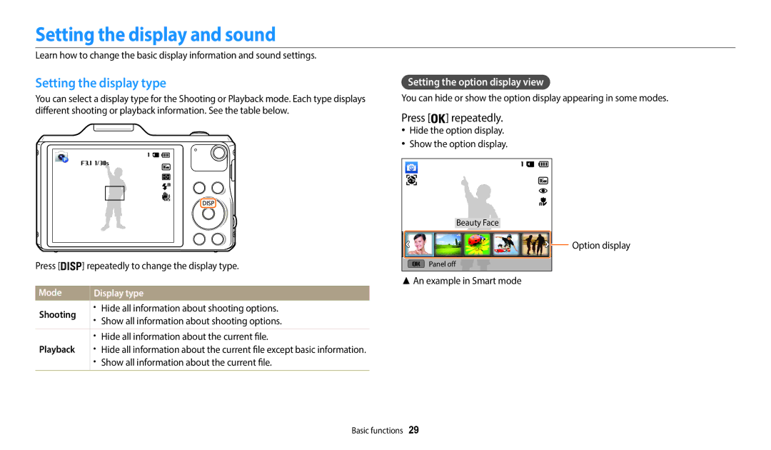 Samsung EC-WB50FZBPWE3 manual Setting the display and sound, Setting the display type, Setting the option display view 