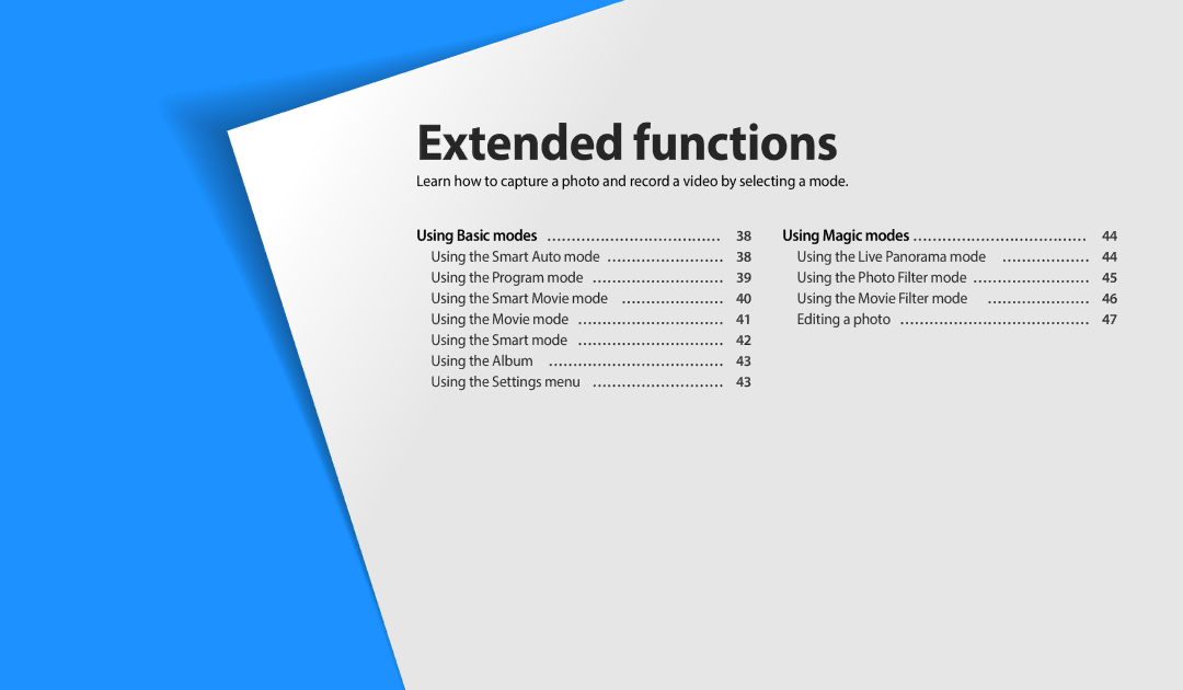 Samsung EC-WB50FZBPBIL, EC-WB50FZBPBFR, EC-WB50FZBPWFR, EC-WB50FZBPWE1 Extended functions, Using Basic modes … ……………………………… 