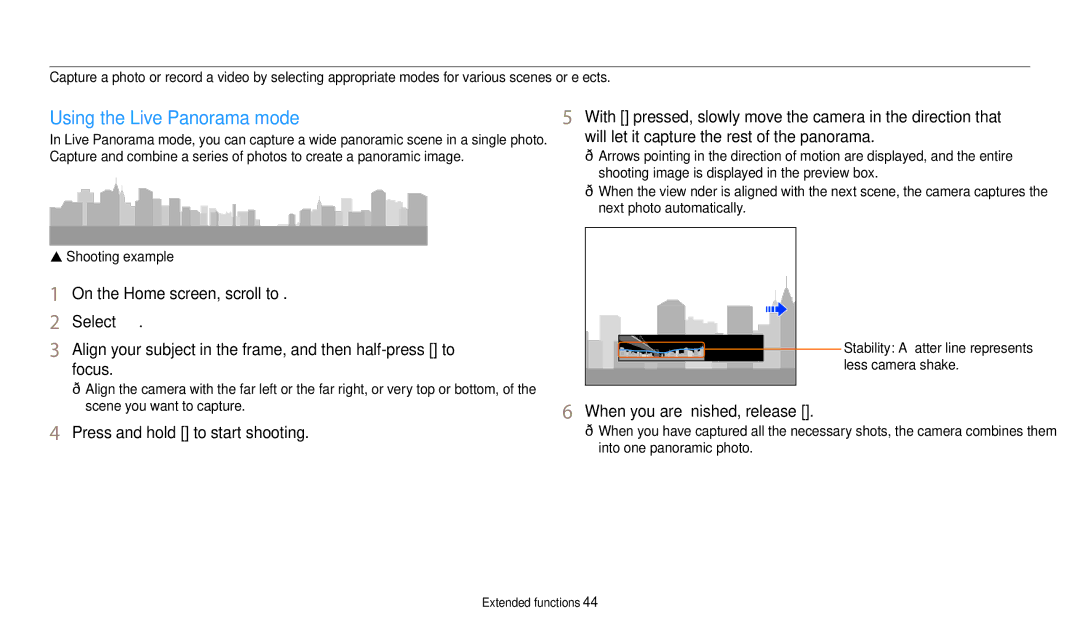 Samsung EC-WB50FZBPRDZ manual Using Magic modes, Using the Live Panorama mode, When you are finished, release Shutter 