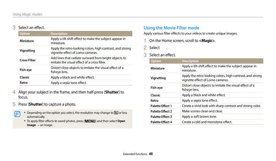 Samsung EC-WB50FZDDBME, EC-WB50FZBPBFR, EC-WB50FZBPWFR, EC-WB50FZBPWE1 manual Using the Movie Filter mode, Select an effect 
