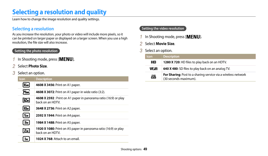 Samsung EC-WB50FZDPWME, EC-WB50FZBPBFR manual Selecting a resolution and quality, Select Photo Size, Select Movie Size 