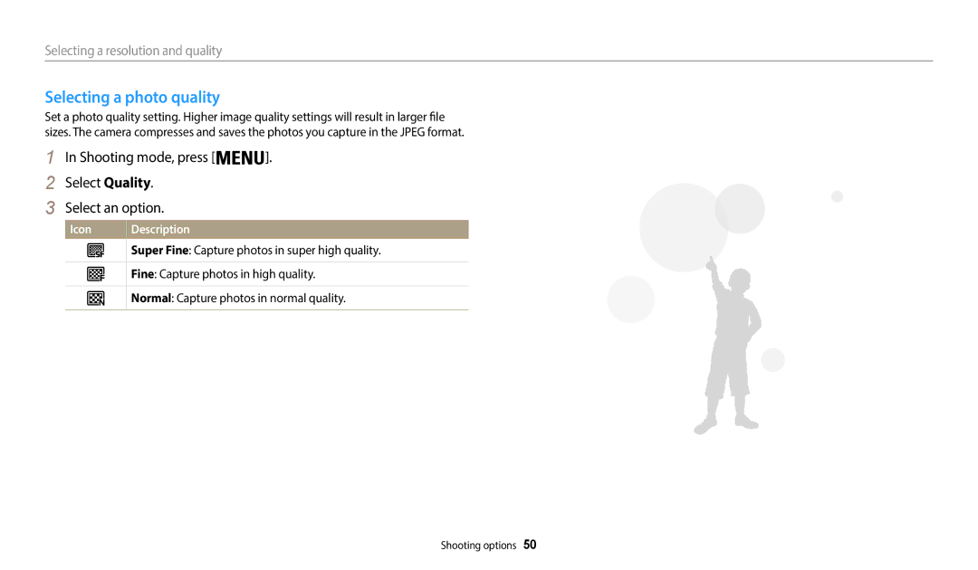 Samsung EC-WB50FZBDWM3, EC-WB50FZBPBFR Selecting a photo quality, Shooting mode, press Select Quality Select an option 