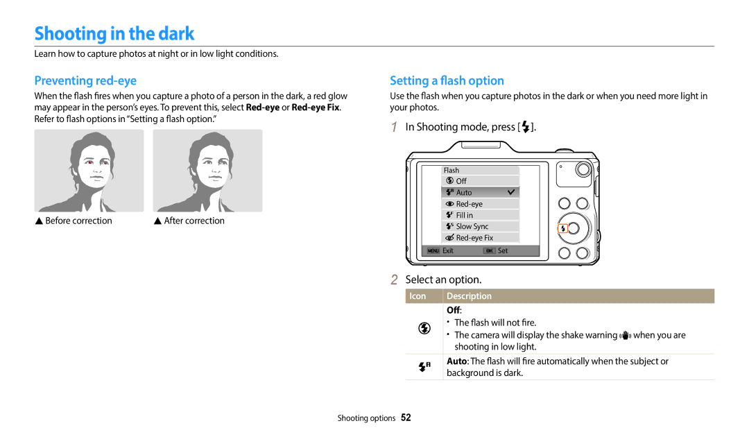 Samsung EC-WB50FZBDWJO, EC-WB50FZBPBFR manual Shooting in the dark, Preventing red-eye, Setting a flash option, Icon, Off 