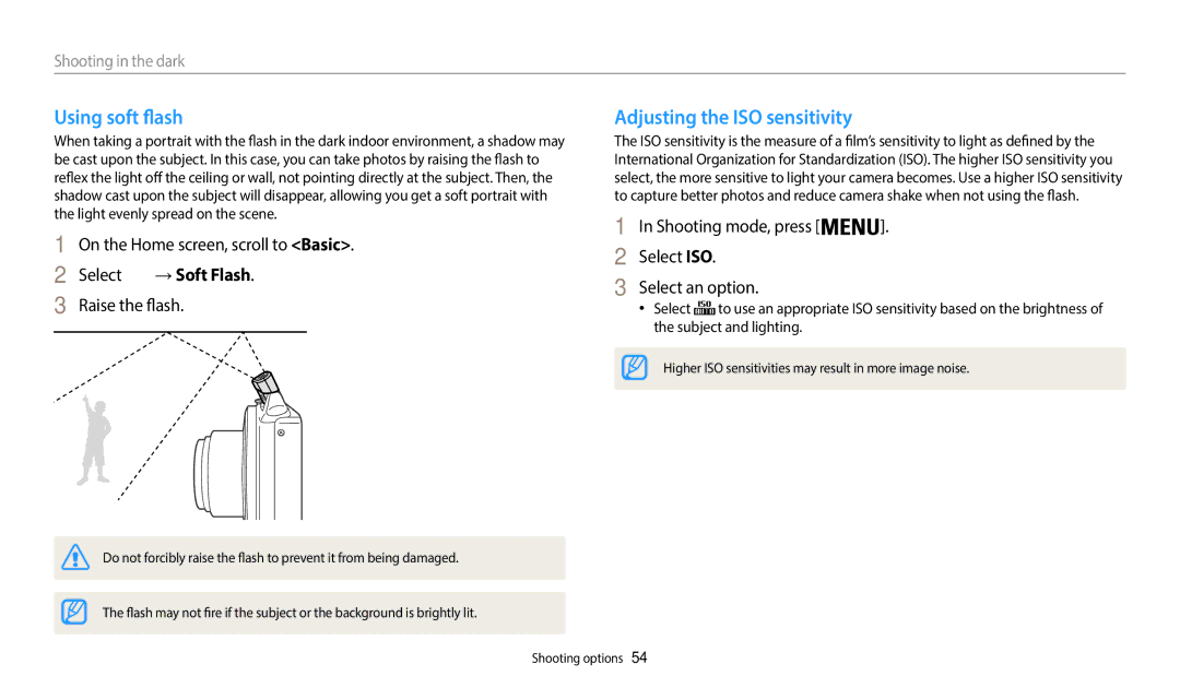 Samsung EC-WB50FZBPRRU manual Using soft flash, Shooting mode, press On the Home screen, scroll to Basic, → Soft Flash 