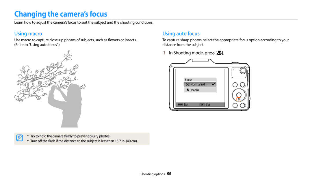 Samsung EC-WB50FZBDBM3, EC-WB50FZBPBFR, EC-WB50FZBPWFR manual Changing the camera’s focus, Using macro, Using auto focus 