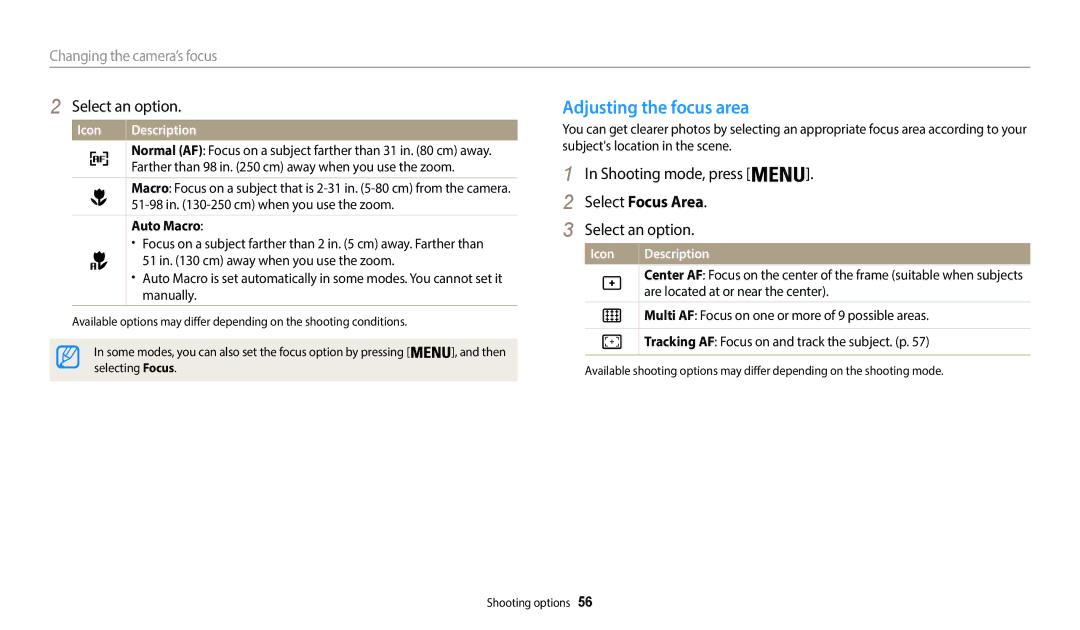 Samsung EC-WB50FZBDBSA manual Adjusting the focus area, Select Focus Area, Changing the camera’s focus, Auto Macro 