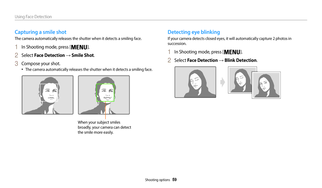Samsung EC-WB50FZDDWZA, EC-WB50FZBPBFR Capturing a smile shot, Detecting eye blinking, Select Face Detection → Smile Shot 
