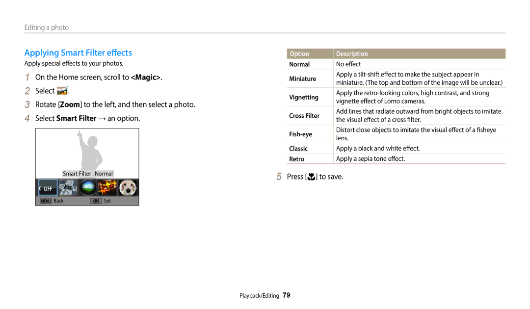 Samsung EC-WB50FZBPWE1, EC-WB50FZBPBFR, EC-WB50FZBPWFR manual Applying Smart Filter effects, Editing a photo, Normal 