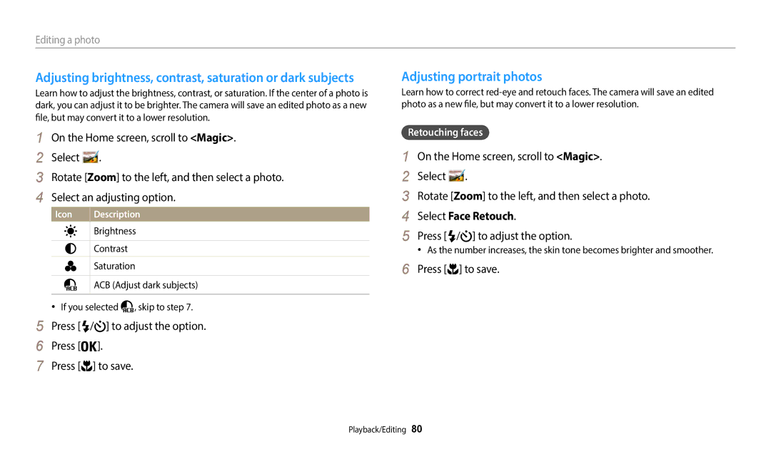 Samsung EC-WB50FZBPBE1 manual Adjusting portrait photos, Press / to adjust the option Press to save, Select Face Retouch 