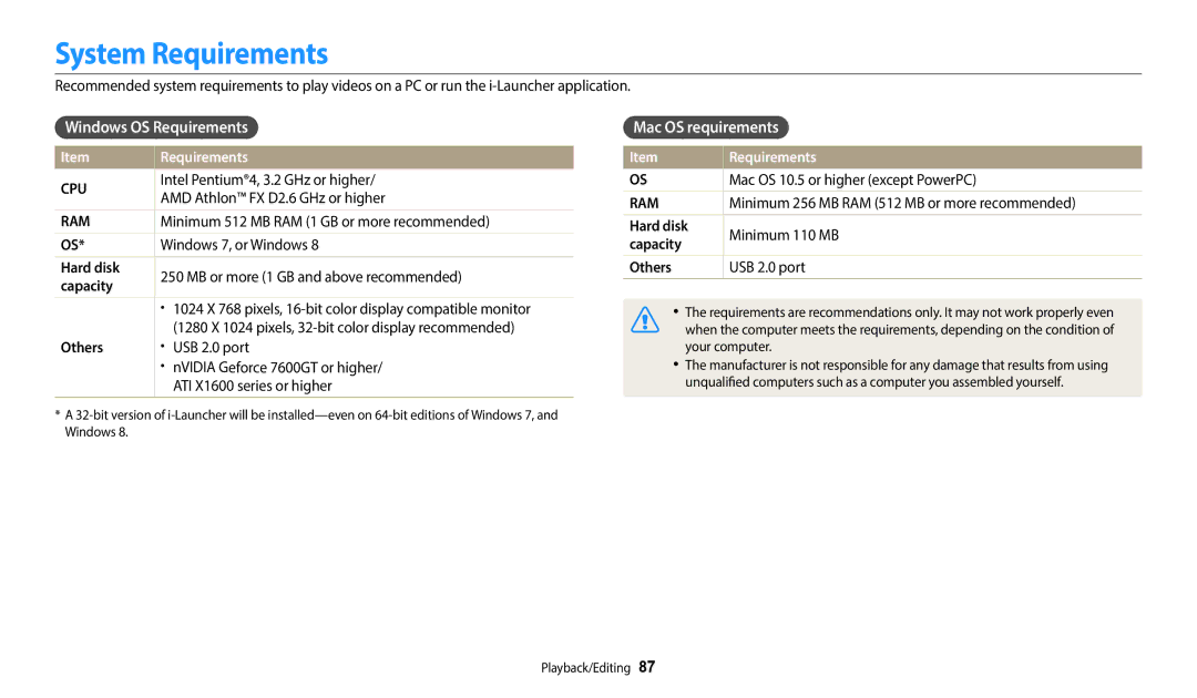 Samsung EC-WB50FZDPBME, EC-WB50FZBPBFR, EC-WB50FZBPWFR System Requirements, Windows OS Requirements, Mac OS requirements 