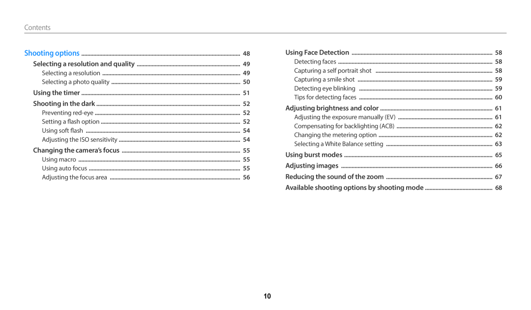 Samsung EC-WB50FZDPWME manual Contents﻿, Selecting a photo quality, Adjusting the ISO sensitivity, Adjusting the focus area 