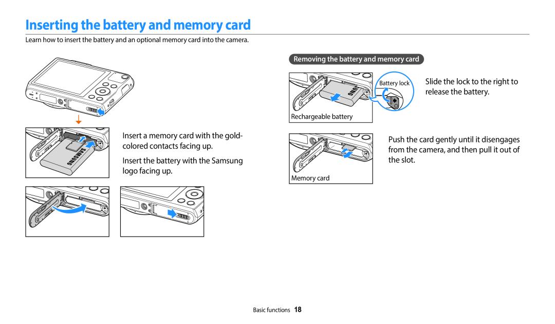 Samsung EC-WB50FZBDRSA Inserting the battery and memory card, release the battery, Removing the battery and memory card 